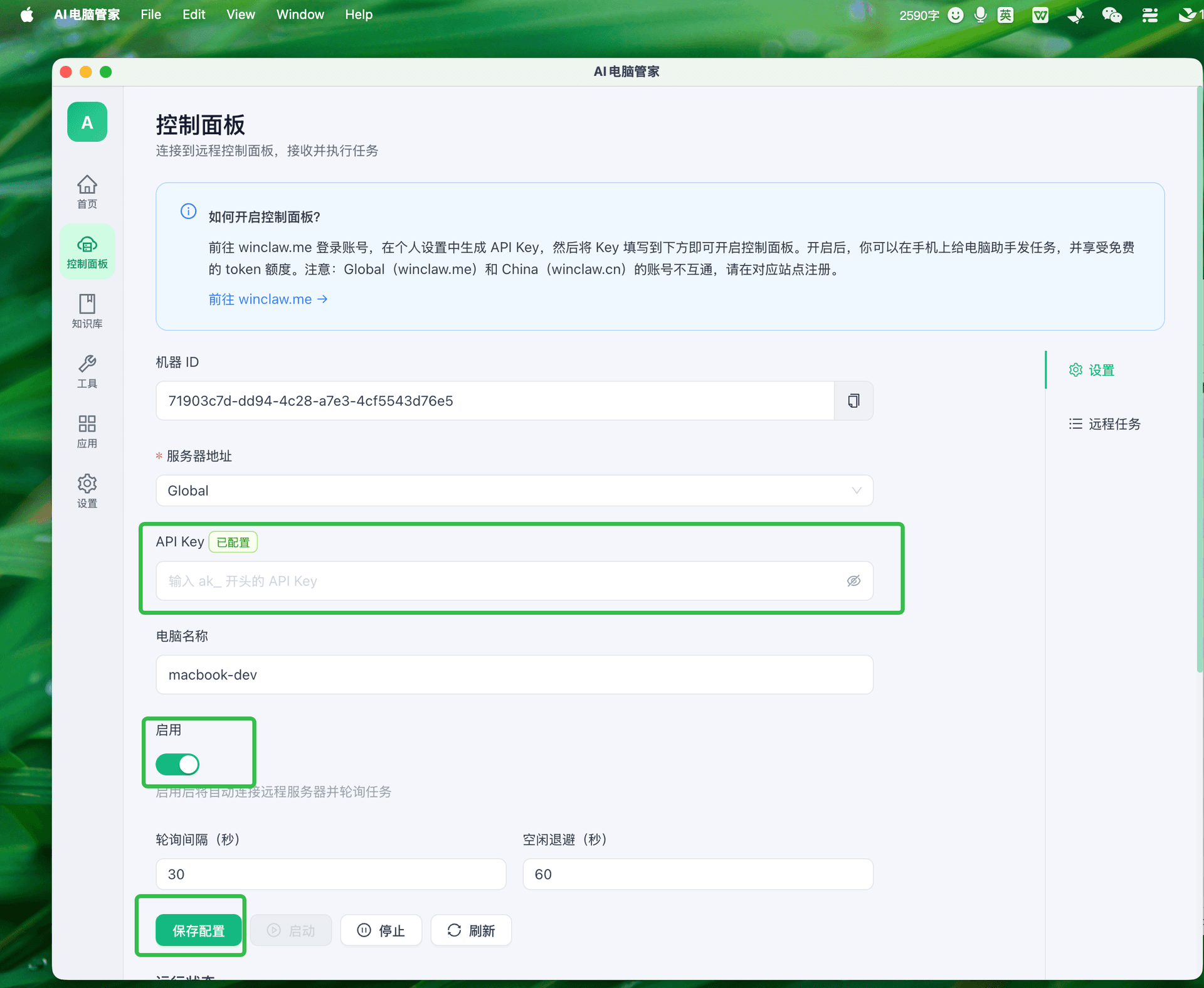 Enter API Key and enable the connection in Control Panel