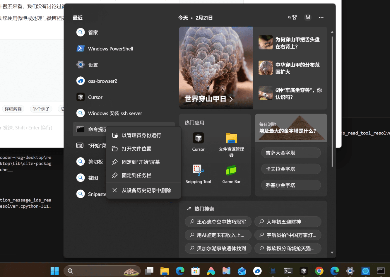 在开始菜单搜索命令提示符并以管理员身份运行